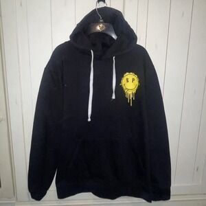 Elevenparis Mens Splatter Yellow Smiley Hoodie Sweatshirt Black Streetwear Sz L